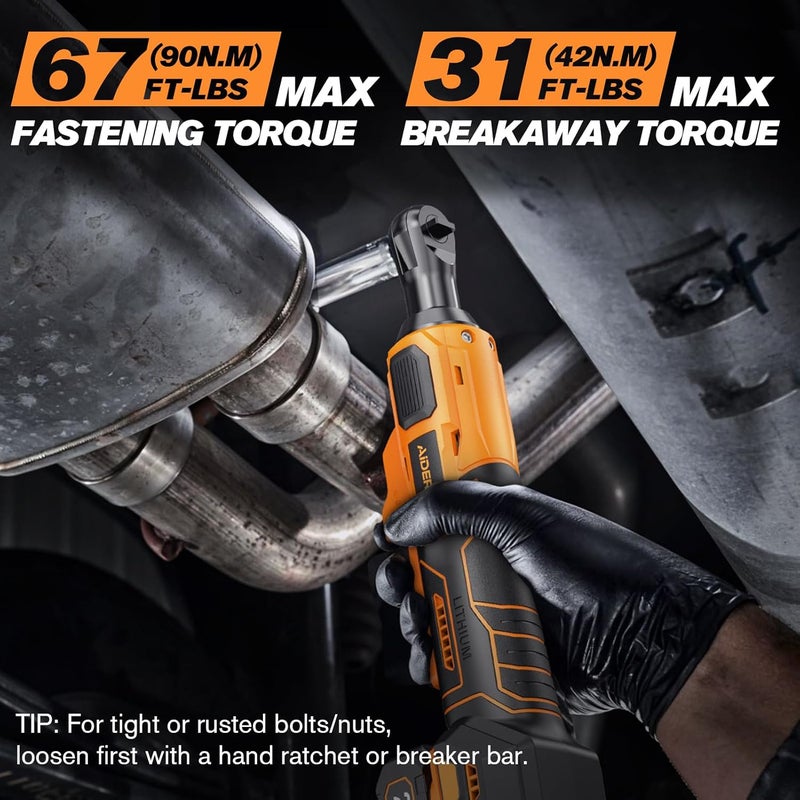 AIDERAR 20V Brushless Cordless Ratchet Wrench 3/8", 67Ft-Lbs/ 90Nm Max Fastening Torque, 2x 2Ah Battery, 300RPM, Power Electric Ratchet Driver for Makita Battery, Set with 8 Sockets, 1/2"& 1/4"Adapter - Image 3